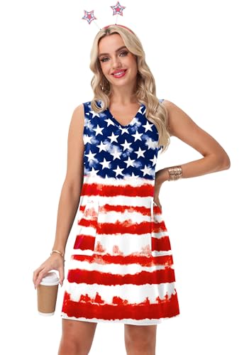 Image of Deerose Womens July 4th Sleeveless Dress American Flag Swim Cover Up Dress with Pockets