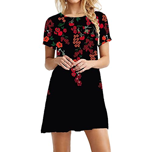 TOWMUS Vestidos femininos verão 2023 casual floral gola redonda manga curta comprimento até o joelho