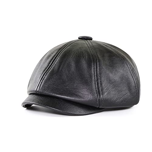 Mens Newsboy Cap Leather Flat Ivy Cap Gatsby Driving Cap Fishing Cap 8 Panel Beret Cabby Hat, Medium Size Black