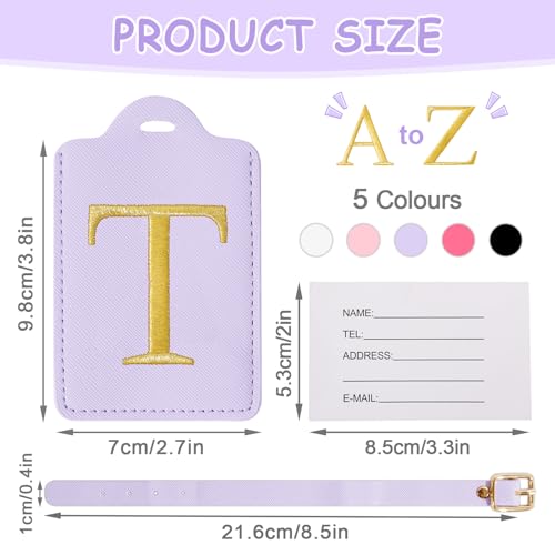 Image of Initial Letter Luggage Tag for Suitcase, Cute Luggage Bag, Waterproof PU Leather Travel Luggage Tag, Suitcase Identifier Name Tag, Monogrammed Suitcases Tags, Bag Tags for Handbags(Purple T)