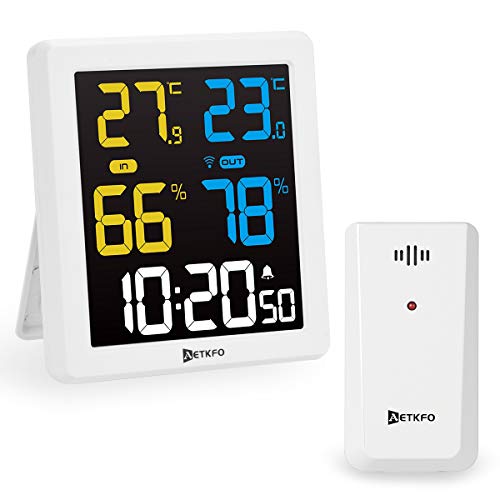 AETKFO Estación Meteorológica Inalámbrica, Termómetro Higrómetro con Sensor Digital Termohigrómetro para Interior Exterior Monitor de Humedad y Temperatura, Pantalla LCD a Color, Reloj Despertador