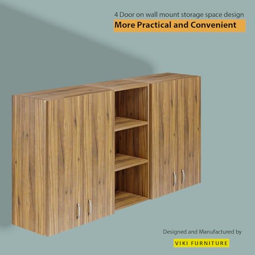 Image of VIKI Furniture |Pivot Modular Kitchen Wall Cabinet - 4 Door Cabinet with Open Shelf | Space Saving Rack for Spices | DIY Home Storage Cupboard (Brussel Walnut - 30D x 200W x 80H cm) | 1 Year Warranty