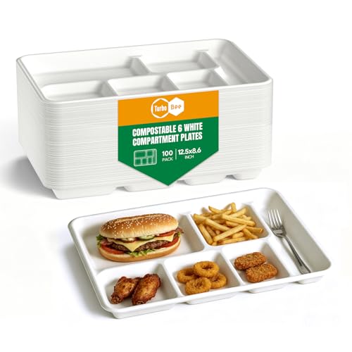 Turbo Bee Compartment Paper Plates 100pack Disposable Divided Trays Heavy Duty Bagasse Serving Plates for Buffet Catering Party Microwave & Freezer Safe