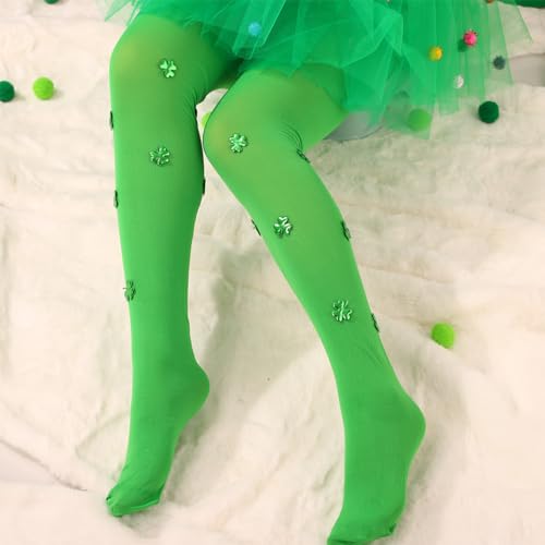 Image of Green White Striped St.Patrick Day Socks Shamrock Pantyhose Stockings Irish Thigh High Socks Party for Women