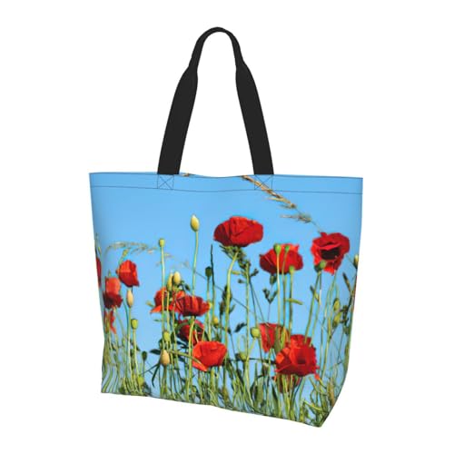 KAPPTYY Sac à bandoulière imprimé coquelicots sur le ciel pour femme, grand sac fourre-tout réutilisable, sac à main tendance pour voyage, shopping