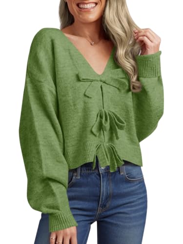 Image of Saodimallsu Womens Bow Sweater Cropped V Neck Long Sleeve Pullover Tops