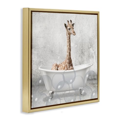 Image of Stupell Industries 'Baby Giraffe Bath Time'| Floating Frame Canvas Art | Stupell Industries | Gold, 18 x 18 Inches, Easy to Hang and Sturdy, Made in USA, by Kim Allen