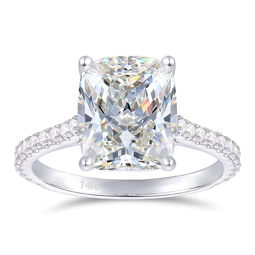 14K 4CT Elongated Cushion Cut Moissanite Rings,14K White Gold Moissanite Engagement Rings, 4-Prong Cushion Cut Moissanite Engagement Rings for Women