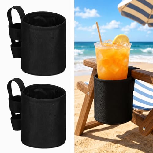 2 Pack Black Beach Chair Cup Holders 4.1x3.5in Camping Chair Drink Holder Portable Universal Drinking Water Bottle Organizer Accessories for Outdoor Summer Beach Camping Fishing Pool Picnic Loungers