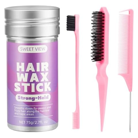 SWEET VIEW Hair Wax Stick & Slick Back Hair Brush Set for Smooth Flyaways, Frizz, Sleek Ponytail, Bun, Styling Accessory for Girls, Kids Cover