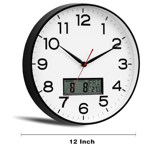 Image of AKCISOT Wall Clock 12 Inch, Non-Ticking Silent Battery Operated Analog with LCD Display for Perpetual Calendar and Temperature, Ideal Modern Decor for Home, Bedroom, Kitchen, Office (Black)