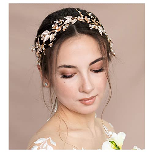 Sweetv Handmade Wedding Headpieces For Bride Hair Accessories Flower-Leaf Bridal Headband Rose Gold Wedding Hair Piece #TOP5