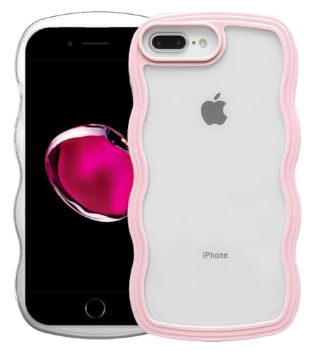 Image of GoldKart iPhone 7 Plus / 8 Plus Case Wavy Edge Clear Back Design, Anti-Slip Grip Cute Wave Curly Frame Shape Shockproof Soft TPU & Hard PC Bumper Protective Phone Case Cover for Women Girls - Pink