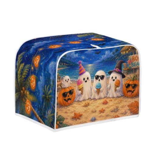 Image of Talayituse Beach Ghost Pumpkin Print Toaster Cover 2 Slice Wide Slot, Lightweight Bread Maker Cover Dust Protection Washable Appliance Bag Halloween Decor, S
