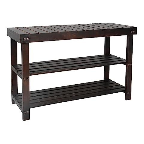 Babion 3-Tier Shoe Rack, Nut-Brown, Wooden Bench with Storage Shelf, Spacious and Durable Shoe Storage Bench, 27 x 11 x 18 in Cover
