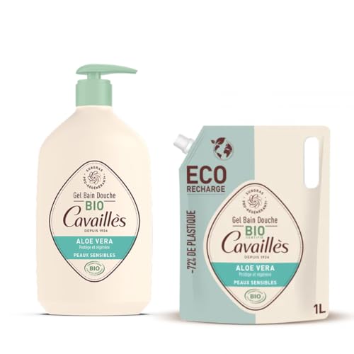 Rogé Cavaillès Gel Bain & Douche Bio Aloe Vera 1L + Recharge 1L – Peaux Sensibles – Gel Lavant Sans Savon Visage & Corps, Format Éco Familial