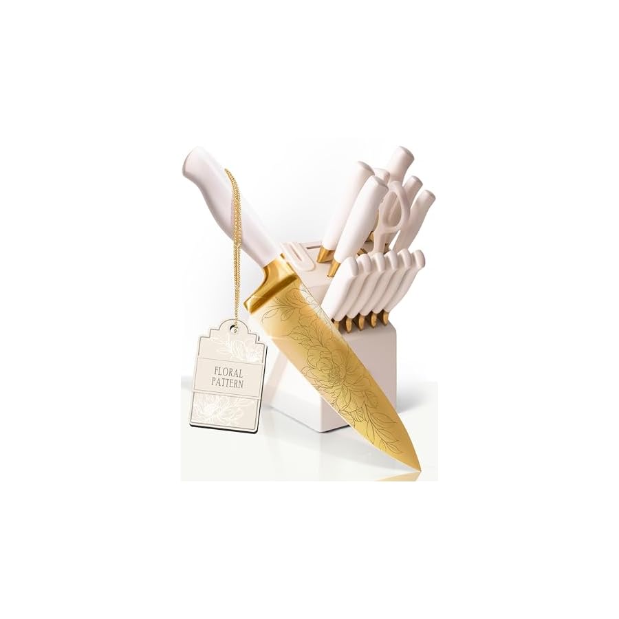 STYLED-SETTINGS-White-and-Gold-Knife-Set-with-Built-in-Sharpener--14-PC-Golden-Titanium-Coated-Stainless-Steel-Blades-with-Elegant-Floral-Pattern-Ultra-Sharp-Durable-Kitchen-Knife-Block-Set STYLED SETTINGS White and Gold Knife Set with Built-in Sharpener – 14 PC Golden Titanium-Coated Stainless Steel Blades with Elegant Floral Pattern, Ultra-Sharp, Durable Kitchen Knife Block Set