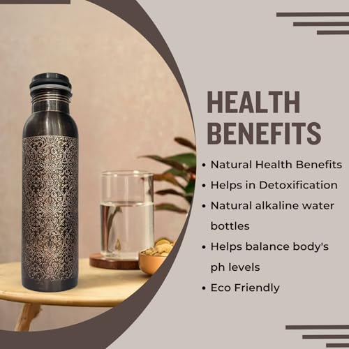 Image of Copper Water Bottle 1 Ltr | Copper Water Bottle with Glass Set | Meena Work | 100% Pure | Leak-Proof | 2 Water Glass 300ml each | Best for Gifting ((Dark Brown Design))