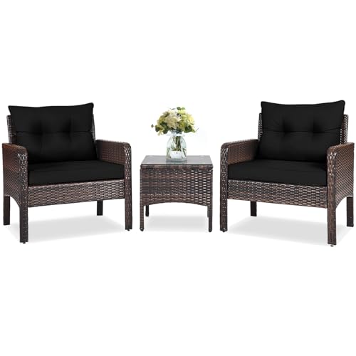 RELAX4LIFE 3-Piece Patio Furniture Set – PE Rattan Wicker Chairs w/Glass Top Coffee Table & Thick Cushions, Bistro Sofa Set for Deck Porch Balcony Garden, Conversation Outdoor Furniture (Black)