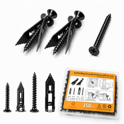 Image of Jyphorixal 150Pcs Self Drilling Drywall Anchors with Screws Kit,Zinc Plated Steel,2 Sizes Expansion Screws and 2 Sizes Wall Anchors, Easy Application No Drill or Holes in Wall.(Electrophoretic Black)