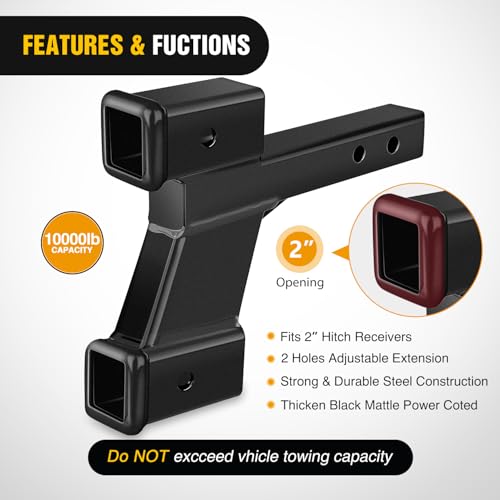 Image of Nilight Trailer Dual Hitch Extender for 2 Inch Receiver with 2 inch 6 inch Rise or Drop with Bolt Nut Clip 10,000 lbs Capacity Adjustable Extend 8 inch 10 inch Length Matte Black Powder Coated