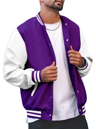seiveini Veste de Baseball Homme College Manteau Varsity Jacket Blouson Collège Unisexe Oldschool Vintage Sport Hip Hop Streetwear A Violet M