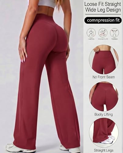 Image of Coume 2 Pack Women Workout Leggings Straight Wide Leg No Front Seam Yoga Gym Pants High Waist Buttery Soft Stretch Leggings