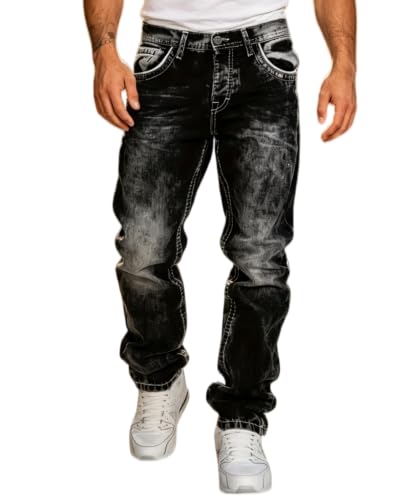 Men's Acid Wash Straight Leg Stacked Jeans, Snowflake Tie Dye Stretch Denim, Y2K Hip Hop Streetwear Baggy Pants (US, Waist, 34, Regular, Black)