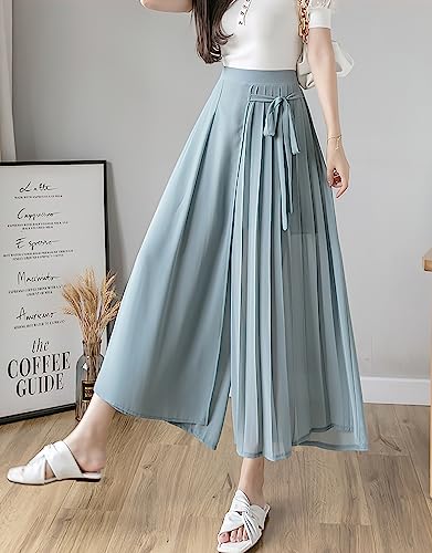 ebossy Women's Elastic High Waist Pleated Front Knot Layered Mesh Chiffon Wide Leg Pant Culottes4