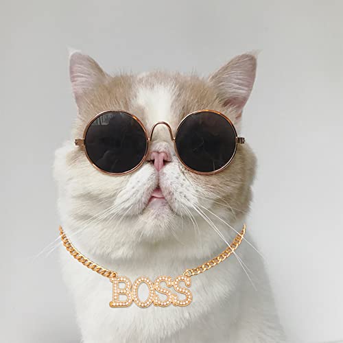 Dog Collar For Bulldog And Cat Fashionable Golden Necklace Kitten Puppy Neckband Adjustable Metal Cuban Chain With Boss Crystal Pendant Doggies Jewelry Accessary Pets Wedding Birthday Party Gift 17In (Golden) #TOP3