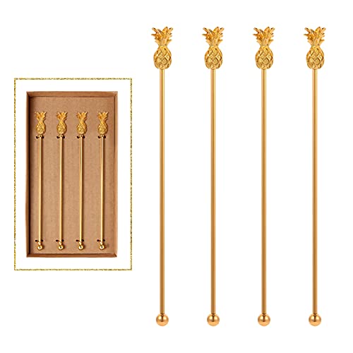 Pineapple Drink Stirrer Sticks Stainless Steel Coffee Beverage Stirrers，Set of 4 Cocktail Swizzle Stick,7.28", Gold