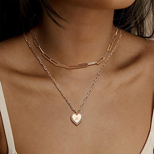 Mevecco Gold Layered Heart Initial Necklace 18K Gold Filled A Alphabet Heart Pendant Necklace Dainty Initia Letter Necklace For Women Minimalist Personalized Jewelry Gift For Her #TOP1