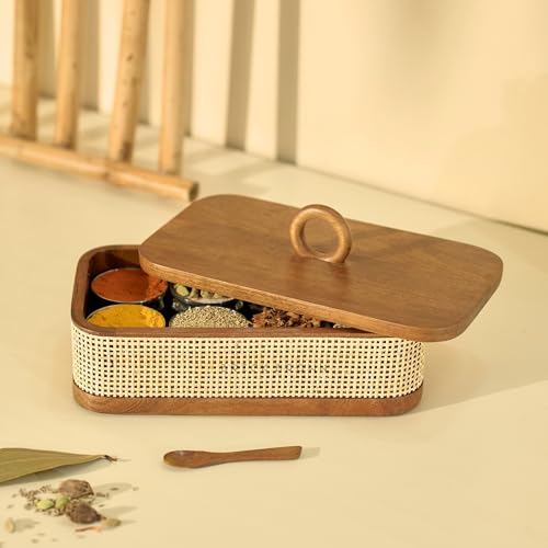 Image of Brick Brown Wooden Tresso Masala Box for Kitchen | Handcrafted Rattan Spice Box with 8 Steel Containers & Wooden Spoon | Masala Dani /Namak Dani | Masala Dabba Storage Box (10.6 x 5.9 x 5.5 Inch)