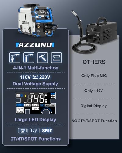AZZUNO MIG Welder 145A, 110V/220V Dual Voltage 4 in 1 Gas/Gasless Flux Core MIG Welder/Lift TIG/Stick Welding Machine, Wire Feed Welder with Synergic Control