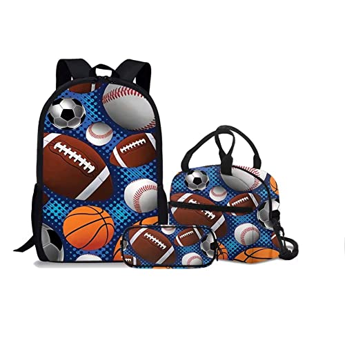 Rnyleeg Sport Theme School Backpack for Boys 8-12 Boys Backpack Set with Lunch Bag & Pencil Case 17 inch Kids Bookbags for Elementary Back to School Supplies