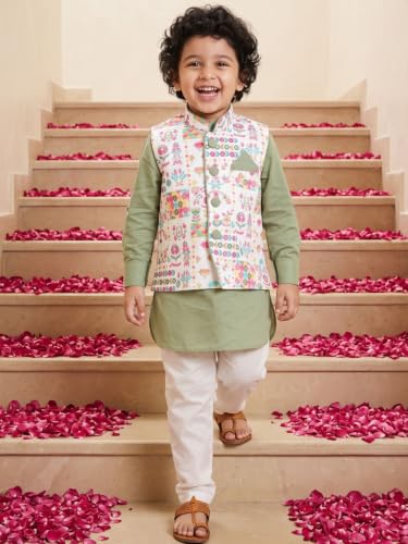 Image of AJ DEZINES Kids Cotton Full Sleeve Printed Kurta Pajama & Waistcoat Set for Boys - Ethnic wear | Special Occasion & Party Outfit | Mandarin Collar Waistcoat for boys - Regular Fit
