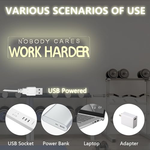 Image of Nobody Cares Work Harder Neon Sign Gym Neon Lights for Home Gym Motivational LED Neon Light for Gym Study Room Office White Letter LED Signs for Fitness Enthusiast Gym Sign for Home Gym