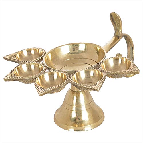 Radhika Poojan Bhandar Brass Panch Arti Diya for Puja with Curved Handle for Holding ( Gold )