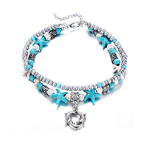 Image of Softones Blue Starfish Turtle Anklet Multilayer Charm Beads Sea Handmade Boho Anklet Foot Jewelry for Women