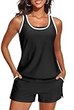 3 Piece Tankini Swimsuits for Women - Bathing Suits with Boy Shorts Swim Tank Top Sports Bra and Modest Swimwear Black and White Small