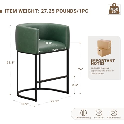 Image of 26 inch H Counter Height Bar Stools Set of 1, Modern Barrel Counter Stools with Backrest and Arms, Faux Leather Upholstered Accent Barstools for Kitchen Island,Support 450 LBS (Green)