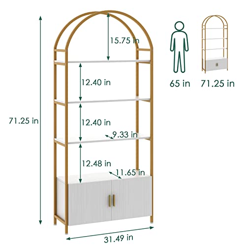 Saudism Arched Bookshelf, Gold Bookcase with Doors Storage, 71\" Tall Gold Shelf with Sturdy Metal Frame, E1 Quality Boards, Freestanding Display Shelving Unit, White and Gold - Thumbnail 2