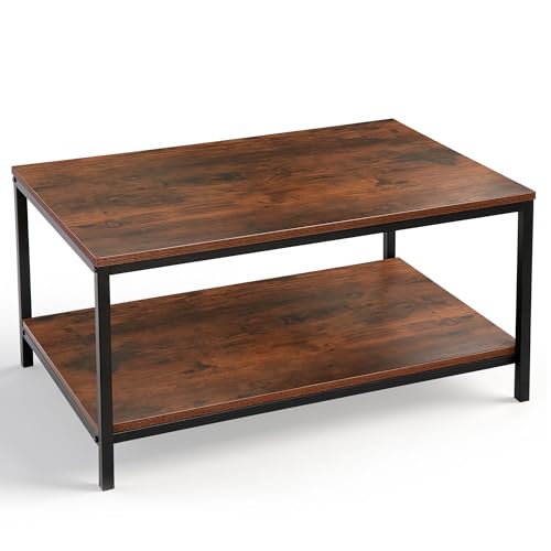 SUPER DEAL 2-Tier Industrial Coffee Table with Storage Shelf for Small Apartment Living Room, Rectangle Wood and Stable Metal TV Stand Side End Table, Rustic Brown