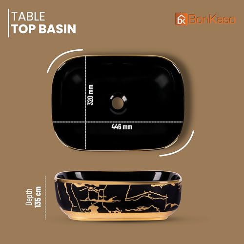Image of BONKASO Black & Gold Luxury Table Top Wash Basin (45 x 32.5 x 13.5 cm) | Designer Ceramic Countertop Bathroom Sink | Modern Rectangle Vanity Art Basin PB1006