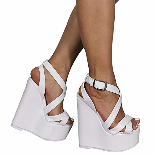 Tacones Altos 15CM Sandalias De Cuña Blancas Correa Cruzada Sandalias Ultra Altas Huecas De Gran Tamaño,White-46
