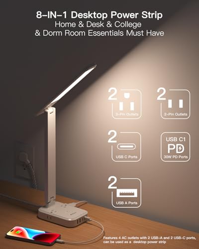 LED Desk Lamp Power Strip with USB Ports and Outlets for Home Office, Dorm, or Bedroom