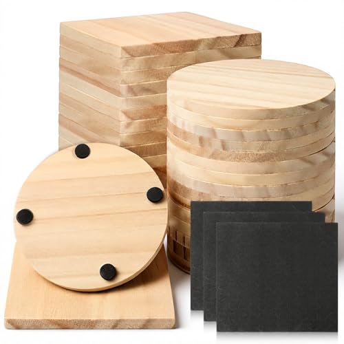 54 Pcs Unfinished Wood Coasters 4 Inch Round & Square Blank Wooden Coasters for Crafts Blank Coaster with Non Slip Pad for DIY Stained Painting Wood Engraving Home Decoration Gift