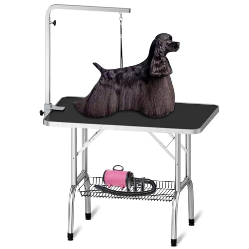 Polar Aurora 36'' Dog Grooming Table, Heavy Duty Pet Grooming Table for Dogs at Home Foldable Grooming Table w/Adjustable Arm & Noose & Mesh Tray Professional Dog Show Stainless Steel Black
