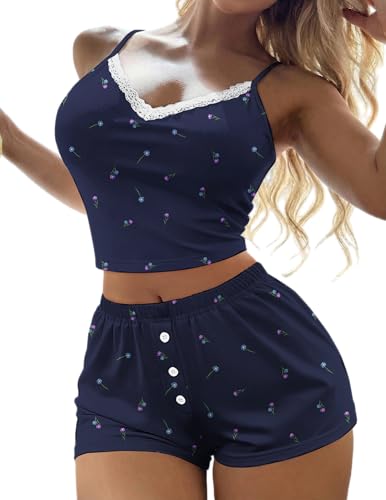 Image of Ekouaer Cami Pajama Sets Y2K 2 Piece Lace Crop Top and Shorts Sexy Pjs Summer Lingerie Sleepwear Nightwear for Women