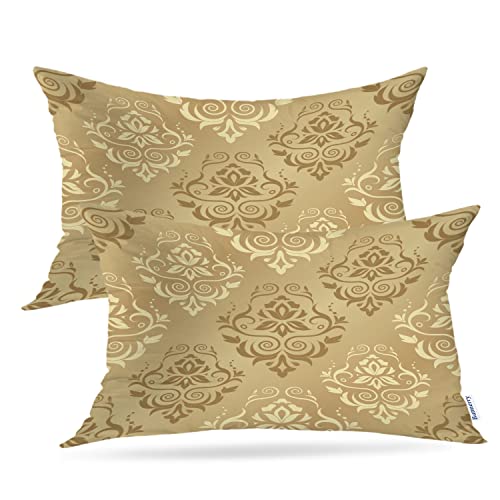 Batmerry Gold Vintage Beige Throw Pillow Covers,Chocolate And Gold Floral Damask Decorative Pillow Covers Digital Printing Blended Fabric For Couch Sofa Bed Invisible Zipper 12X20 In #TOP24